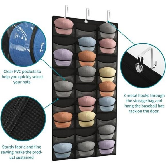 Fixwal 27 Pocket Hat Rack Over Door Baseball Cap Organizer Closet Storage - Picture 4 of 7
